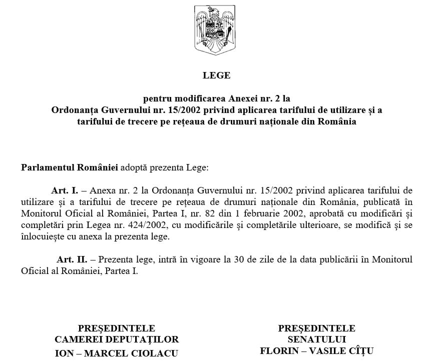 lege pentru modificarea anexei nr. 2 la og nr. 15 din 2002 cuantum amenzi lipsa rovinieta