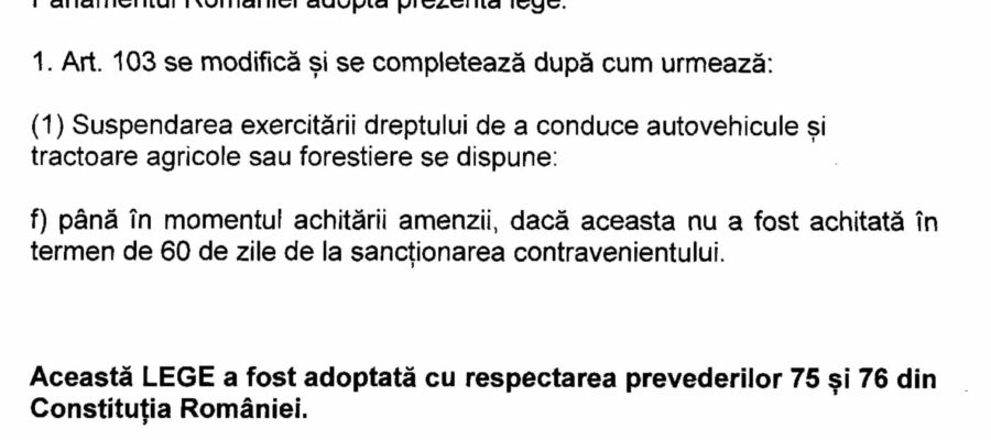 proiect de lege suspendare permis de conducere pentru neplata amenzilor rutiere