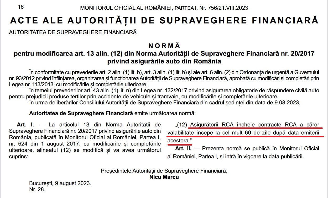 norma incheiere asigurari rca cu 60 de zile inainte