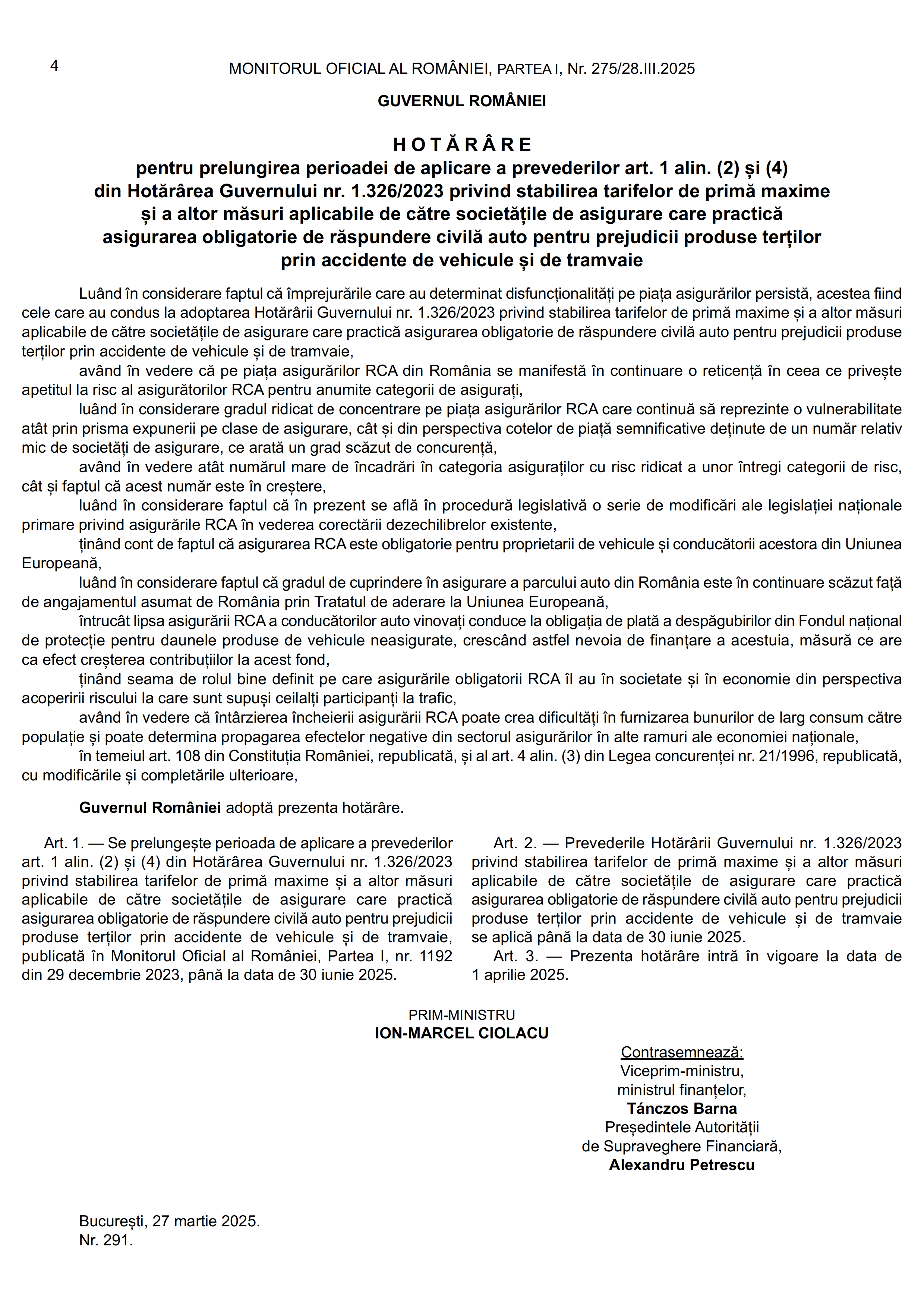 hotarare prelungire plafonare preturi la asigurari rca pana la 30062025